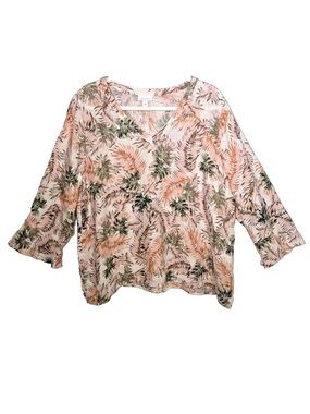 J.Jill Love Linen Palm Print Top Size L Petite V Neck 3/4 Bell Sleeve 100% Linen